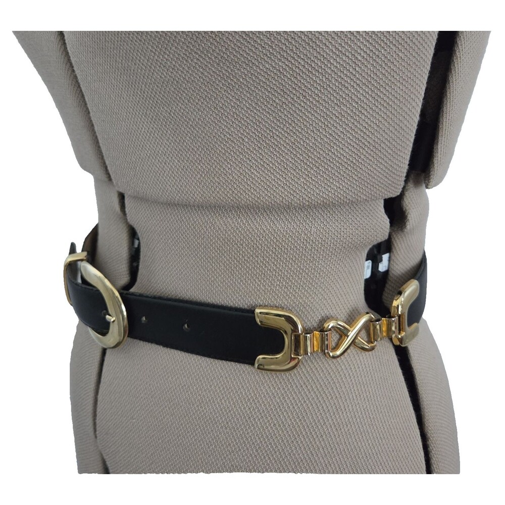 Vintage Toledano Women's Black Leather Belt Size Small Gold Buckle Fits 26 - 28"